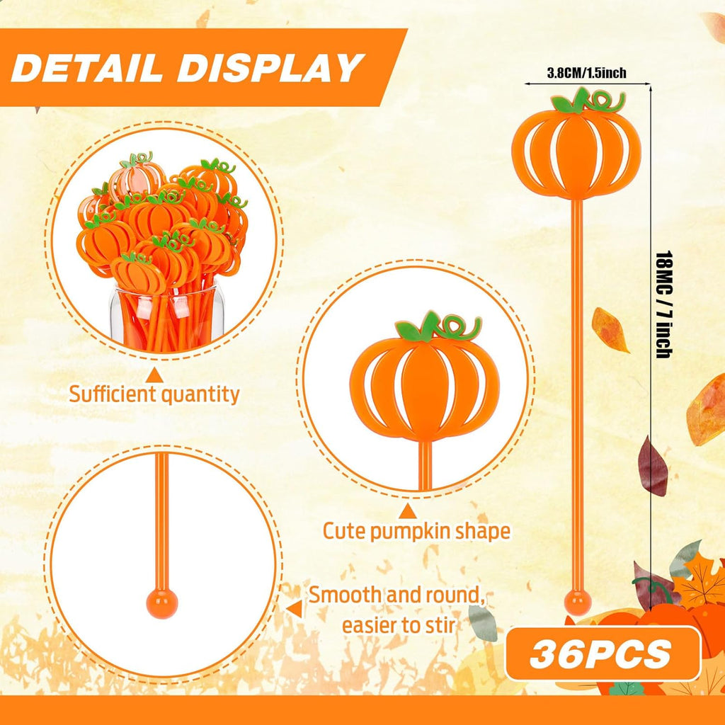 36 Pcs Fall Cocktail Stirrers, Pumpkin Drink Stirrers Plastic Swizzle Sticks Reusable Coffee Stirrer Stir Sticks for Halloween Autumn Thanksgiving Party Tea Coffee Bar Decoration