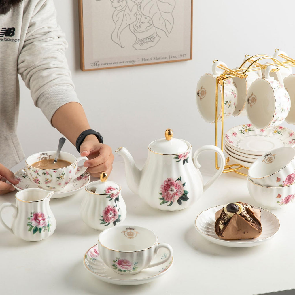 Porcelain Tea Sets British Royal Series, 8 OZ Cups & Saucer Service for 6, with Teapot Sugar Bowl Cream Pitcher Teaspoons and Tea Strainer, Suitable for High Tea, Wedding, Party