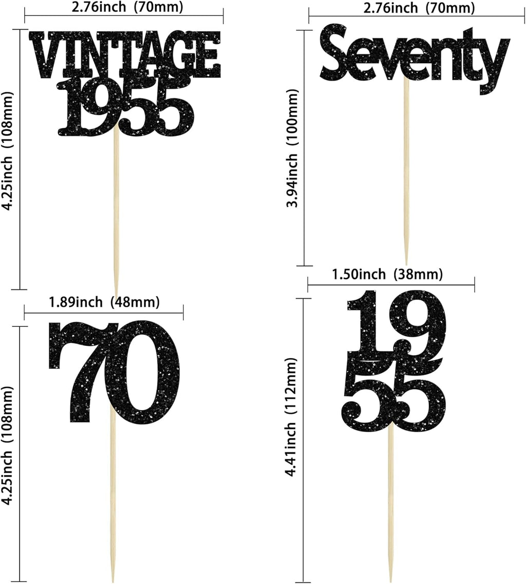 Gyufise 24Pcs Vintage 1955 Cupcake Toppers Glitter Cheers to 70 Fabulous Seventy Cupcake Picks 70th Birthday Wedding Anniversary Party Cake Decorations Supplies Black