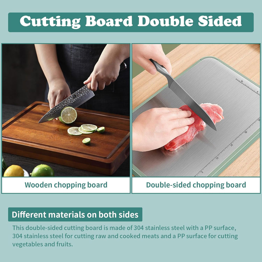 Stainless Steel Cutting Board, Double Sided Chopping Board with Scale for Pastry, 2-In-1 Cutting Board with Juice Groove and Anti Slip Surface