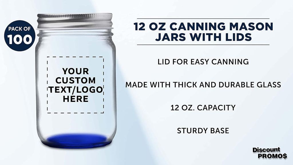 DISCOUNT PROMOS 100 Decorating Mason Jars Set, 12 oz. - Customizable Text, Logo - Canning, Aluminum Lid - Blue