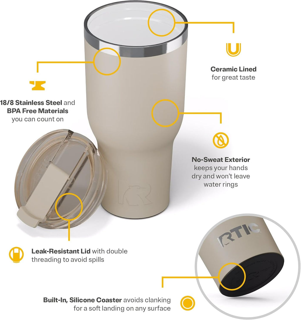 RTIC 40oz Essential Tumbler with Lid, Insulated, Stainless Steel, Metal, Double Wall Vacuum-Insulation, Ceramic Lined, Travel Cup for Iced Coffee, Tea, Hot and Cold Drink, Beach