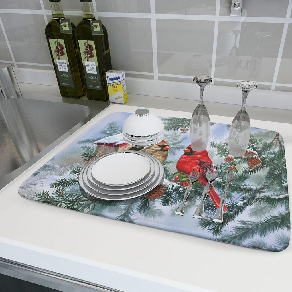 Winter Red Cardinal Bird Dish Drying Mat for Kitchen Counter,Holly Berry Branches Xmas Snowflake Cabin Drying Mat 18 x 24 Inch with High Absorbent Microfiber Drainer Mat for Coffee Bar