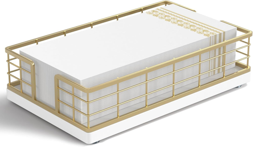 Wican Guest Towel Holder Tray for Bathroom, Oak and Iron Napkins Holder for Powder Room Dinning Table Wooden Basket for Disposable Paper Hand Towels Gold and White