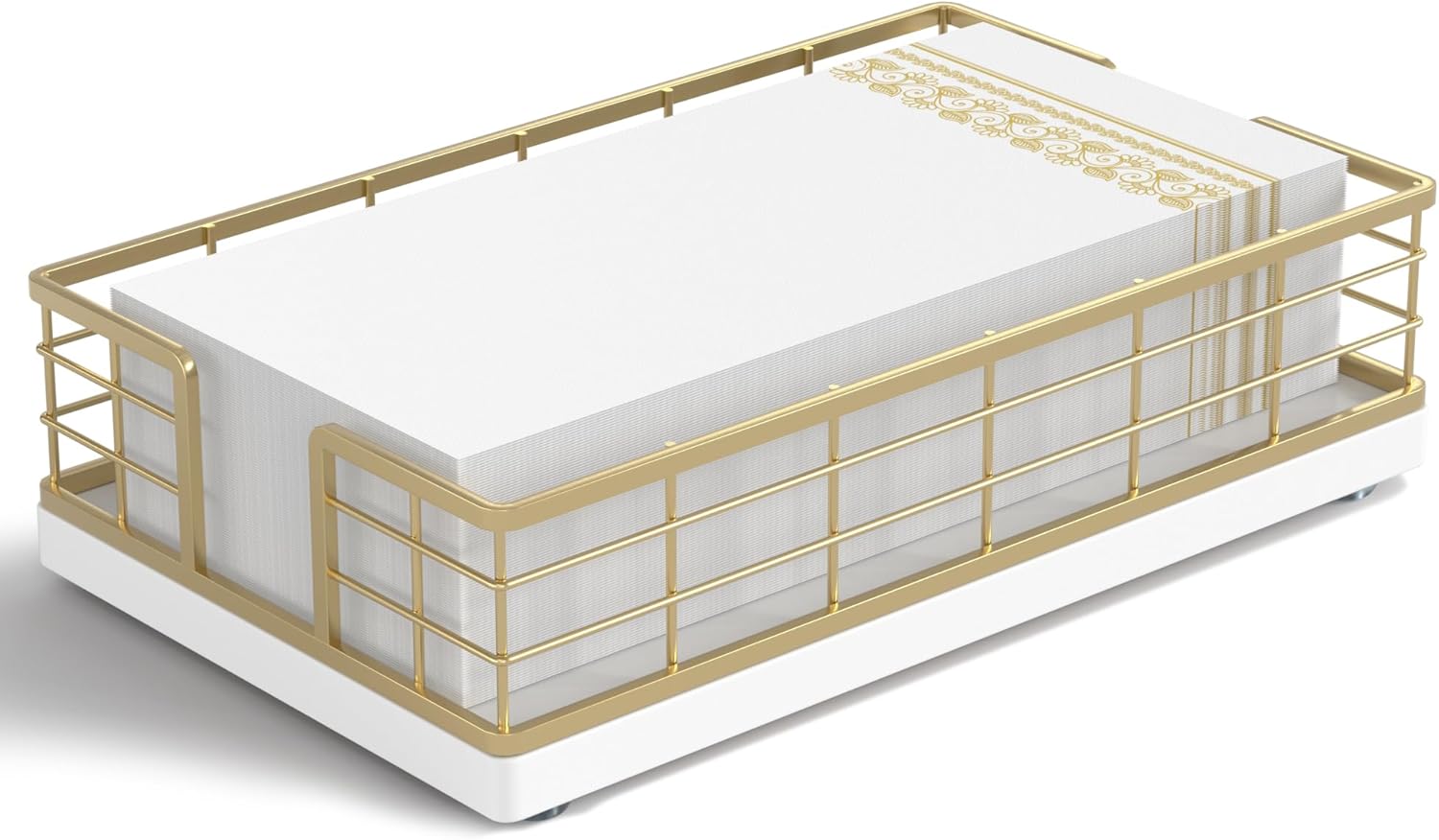 Wican Guest Towel Holder Tray for Bathroom, Oak and Iron Napkins Holder for Powder Room Dinning Table Wooden Basket for Disposable Paper Hand Towels Gold and White