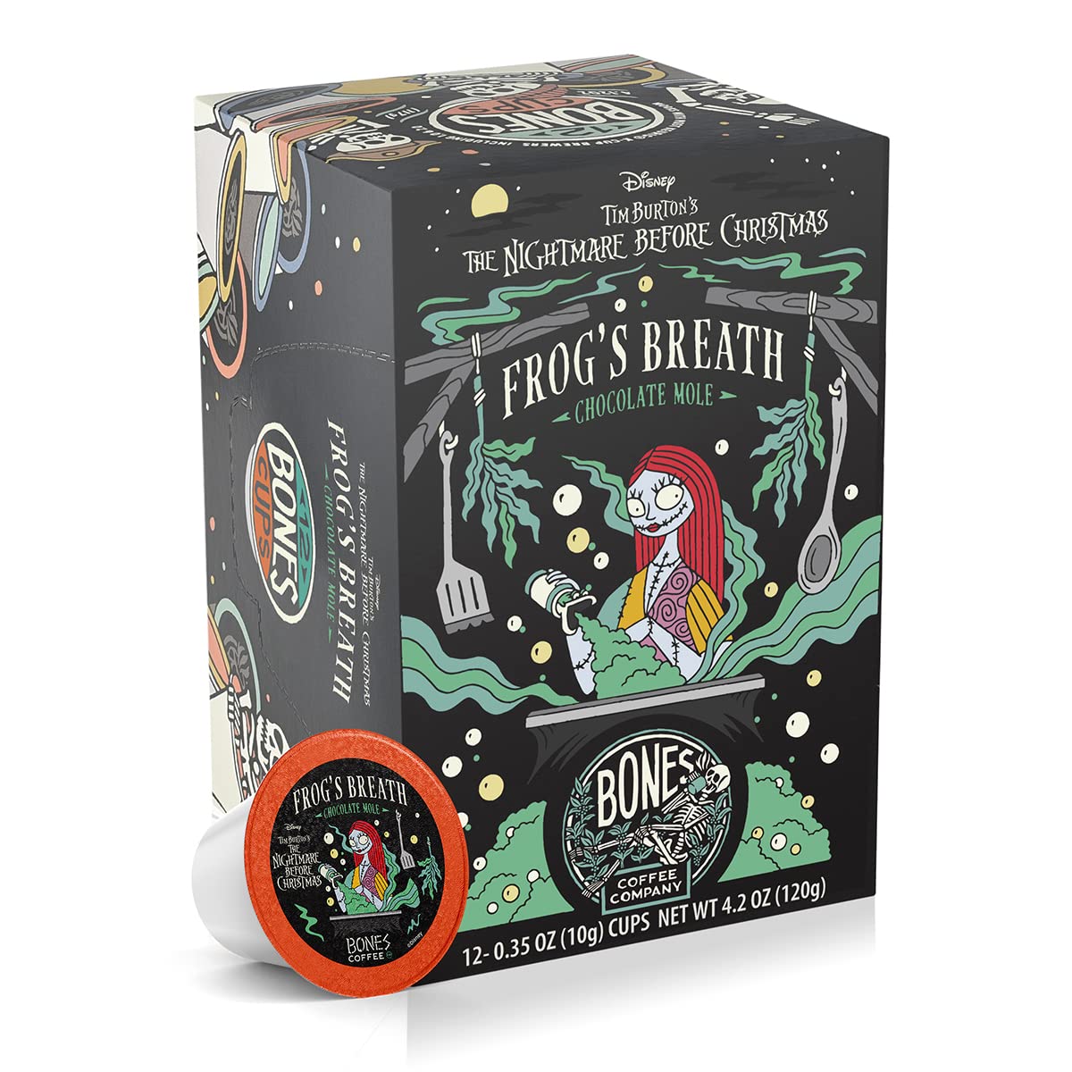 Bones Coffee Company Frog's Breath, Chocolate Mole Flavored Coffee Pods, Low Acid Medium Roast Single-Serve Bones Cups for K-Cups Brewers Coffee Maker from The Nightmare Before Christmas, 12 Count
