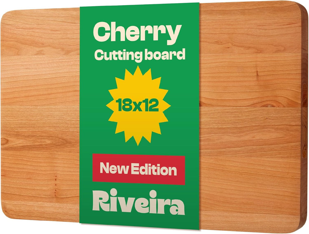 Riveira Cherry Wood Cutting Board – Gourmet Black Cherry Grandeur: 18 x 12 Wooden Cutting Board – Wooden Cutting Boards For Kitchen Decorative – Innovative Juice Grooves Cherry Wooden Chopping Board
