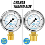 MEANLIN MEASURE 0~10Psi Stainless Steel 1/4" NPT 2.5" FACE DIAL Liquid Filled Pressure Gauge WOG Water Oil Air Lower Mount, with 1/2" NPT and 3/8" NPT Hex Bushing