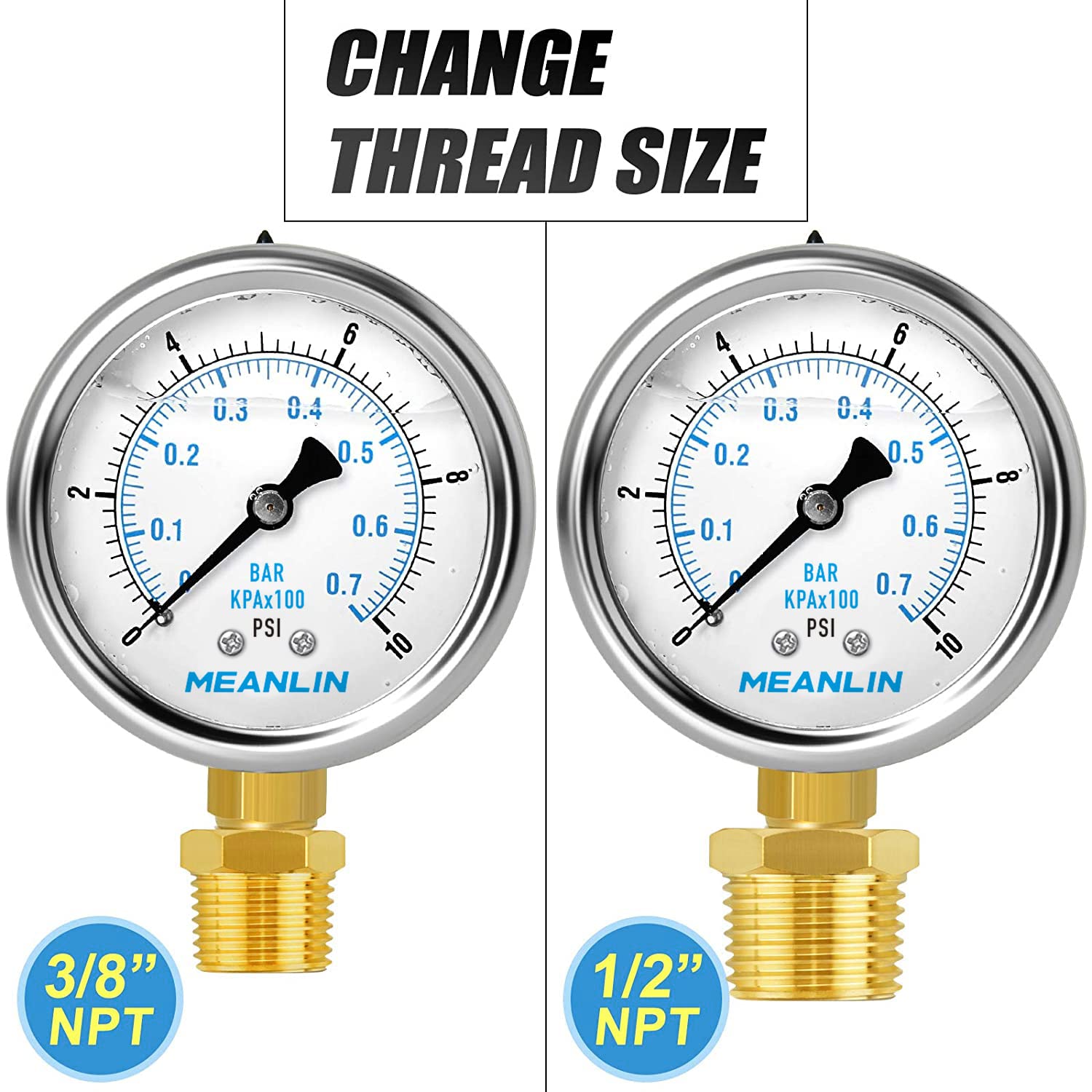 MEANLIN MEASURE 0~10Psi Stainless Steel 1/4" NPT 2.5" FACE DIAL Liquid Filled Pressure Gauge WOG Water Oil Air Lower Mount, with 1/2" NPT and 3/8" NPT Hex Bushing