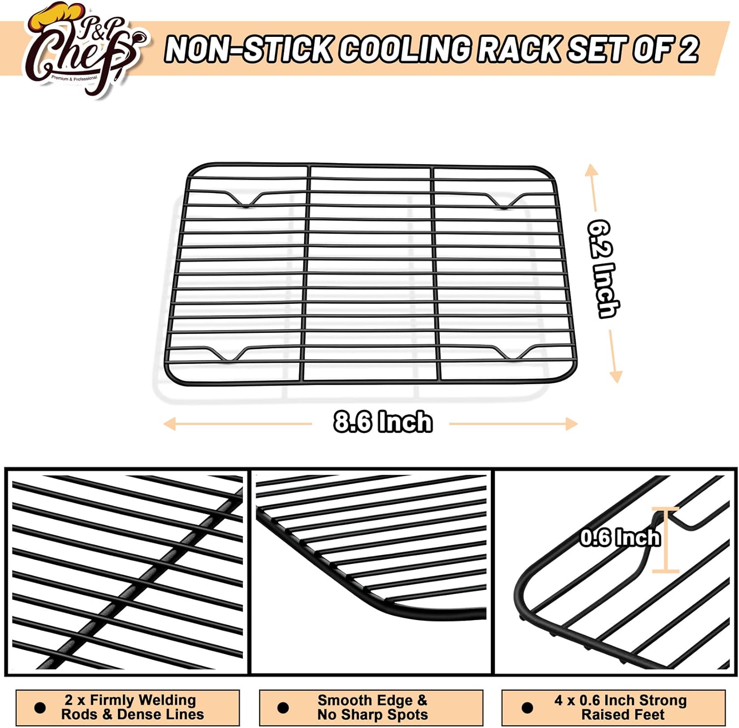 P&P CHEF Cooling Baking Rack Pack of 2, Stainless Steel Cooling Racks for Cooking Baking Roasting Grilling Drying, Dense Wires & Smooth Edge, Easy to clean, Black, 8.6" x 6.2"