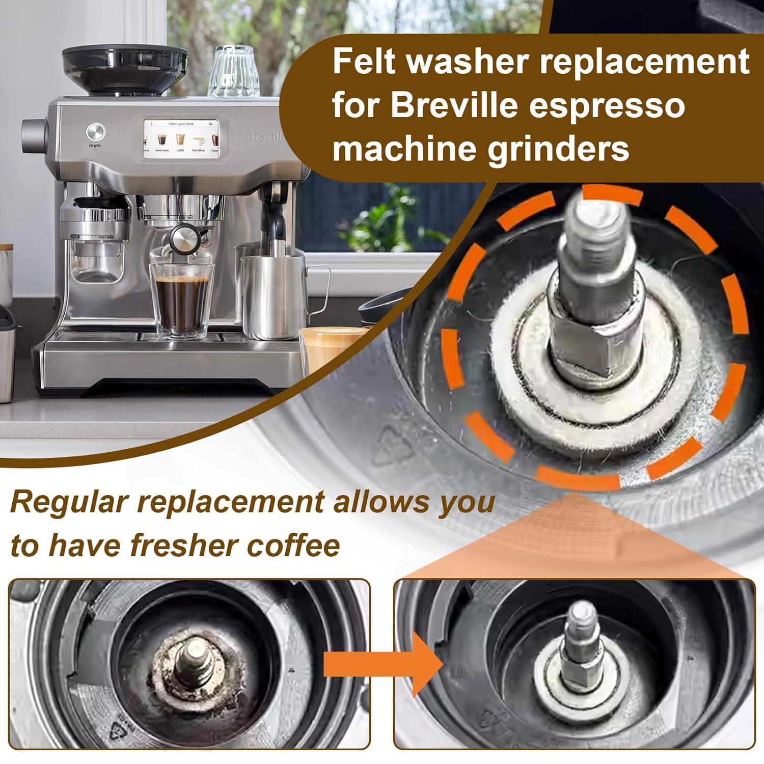 10Pcs Felt Washer Replacement for Breville Espresso Machine Grinders, Compatible with BES870, BES878, BES880, BES980, BES990, BCG600, BCG820, Breville Espresso Machine Parts