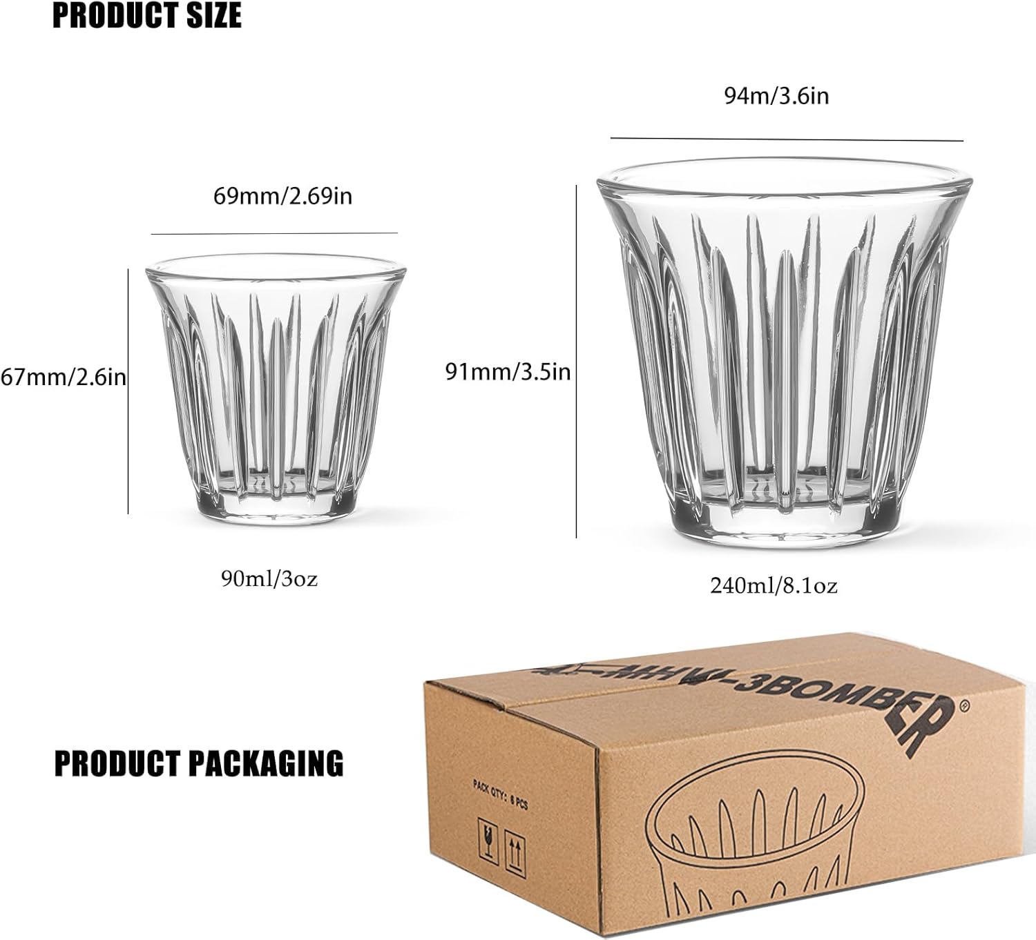 MHW-3BOMBER Shot Glasses Set of 6 Small Glass Cups 3OZ Latte Glasses for Espresso, Whiskey, Vodka, Spirits & Liquors G6190-0S