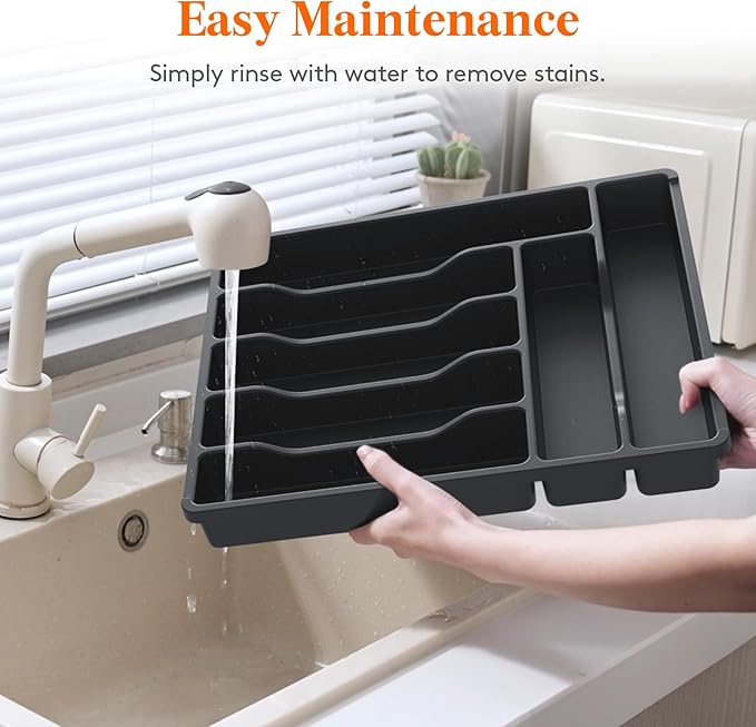 Lifewit Silverware Organizer with Lid, Covered Utensil Tray for Kitchen Drawer and Countertop, Plastic Cutlery and Flatware Storage Box for Spoons Forks Knives Holder Case, 7 Compartments, Black