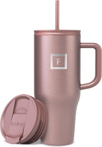 IRON °FLASK Co-Pilot Insulated Mug w/Straw & Flip Cap Lids - Cup Holder Bottle for Hot, Cold Drink - Leak-Proof - Water, Coffee Portable Travel Mug - Rose Gold, 32 Oz