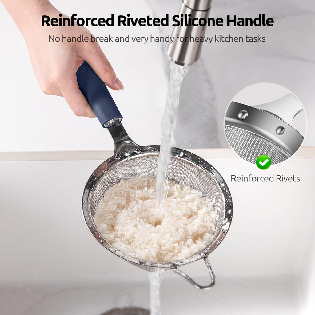 U-Taste Medium Fine Mesh Strainer: 18/8 Stainless Steel 4.73in 30 Mesh Kitchen Food Sieve with Sturdy Riveted Silicone Handle, Heavy Duty Deep Handheld Metal Colander for Rice, Quinoa(Midnight Blue)