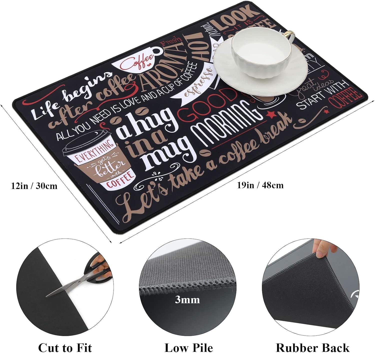 SHACOS Coffee Mat 2-Pack 12x19 inch Absorbent Non Slip Rubber Coffee Maker Mat for Countertop Bar Accessories Espresso Heat Resistant, Black Red