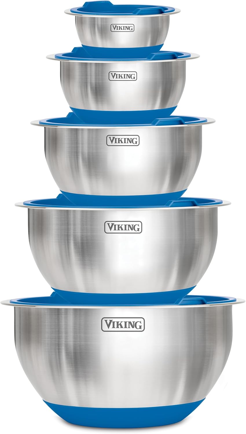 Viking Mixing Bowls Set, 10 Piece Stainless Steel Kitchen Cookware, Non-Slip Silicone Base, Includes Tight Fit Lids, Dishwasher Safe, Teal