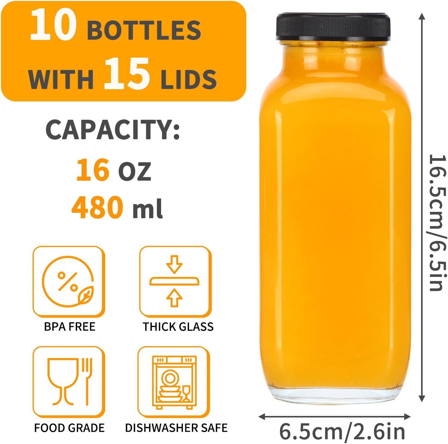 CUCUMI 10pcs 16oz Glass Juice Bottles with Lids, Reusable Juice Containers Drinking Jars Water Cups with Brush, Glass Straws, Lids with Hole