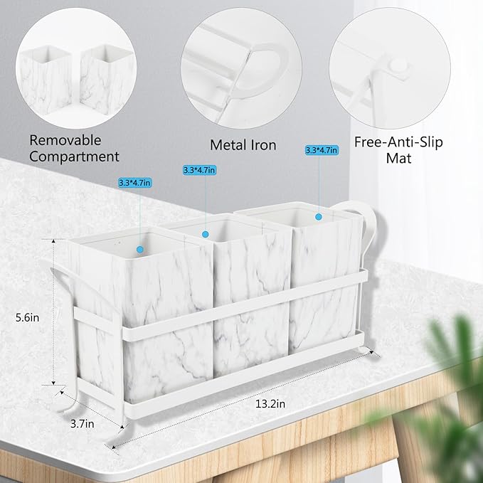 Kitchen Utensil holder for Countertop, Silverware Caddy,Marble White Cutlery Holder Utensils Organizer for Party Gatherings, Metal and Durable Design