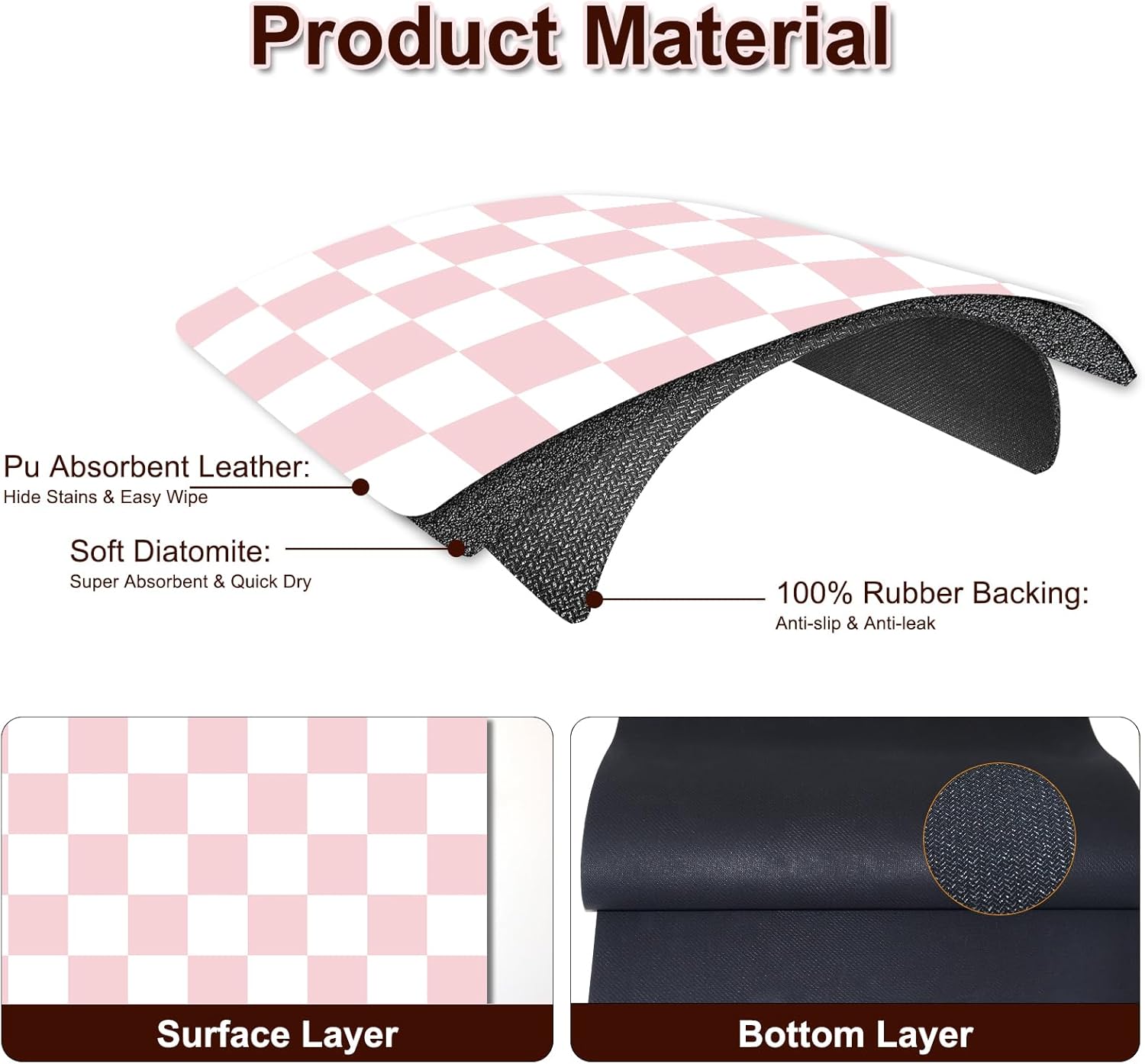 Dish Drying Mat for Kitchen, 15.7'' x 23.6'' Checkered Coffee Bar Mat for Countertops, Coffee Station Mat with Non-slip Rubber Backed, Absorbent Dish Dying Pat for Kitchen Counter, Pink & White