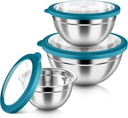 HaWare Mixing Bowls with Airtight Clear Lids, 6-Piece Stainless Steel Strong Nesting Bowls Set, Metal Salad Bowl for Cooking, Prepping, Baking, Serving & Food Storage, Size 4.6, 3, 1.5QT, Teal Blue