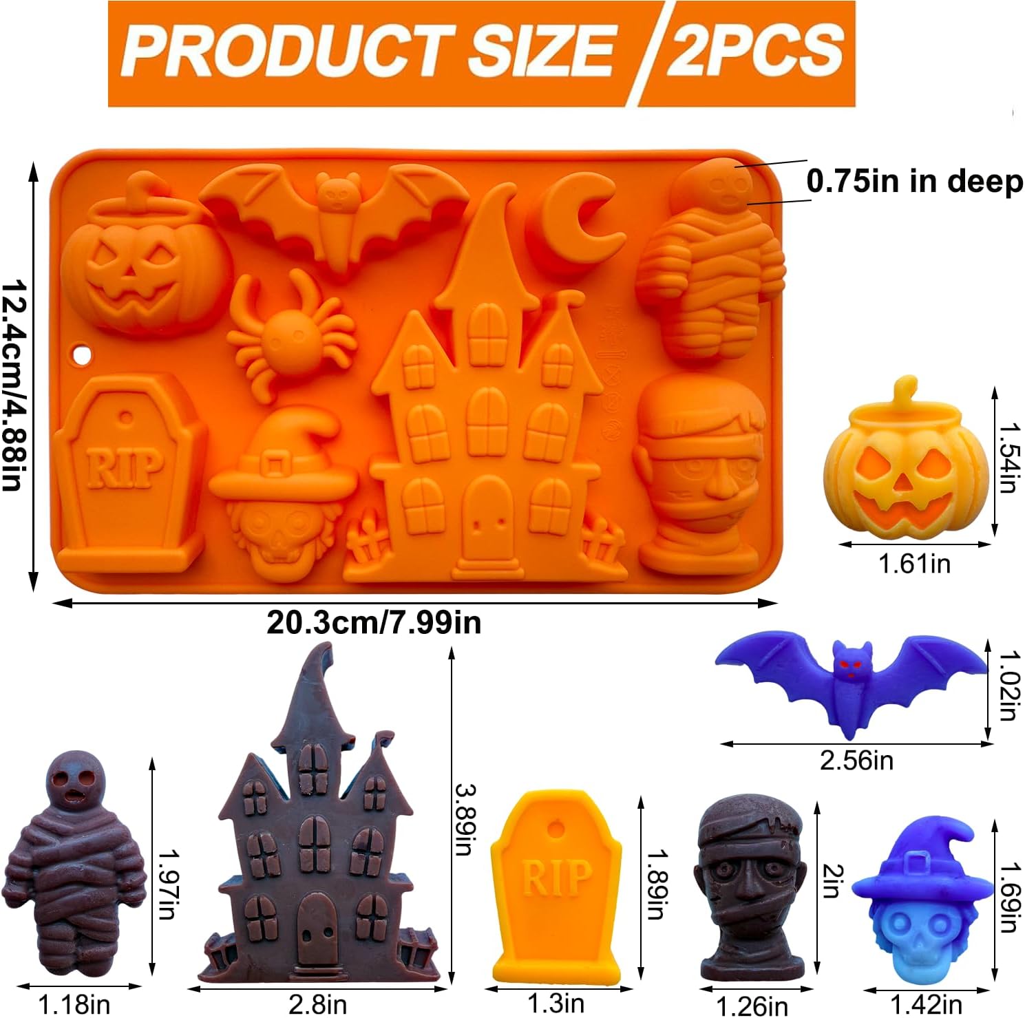 2 Pack Halloween Chocolate Candy Silicone Mold Halloween Molds Castle Pumpkin Tombstone Skull Witch Hat Gummy Jello Baking Mold for DIY Ice Cube Sugar Halloween Party Cupcake Topper Cake Decorating