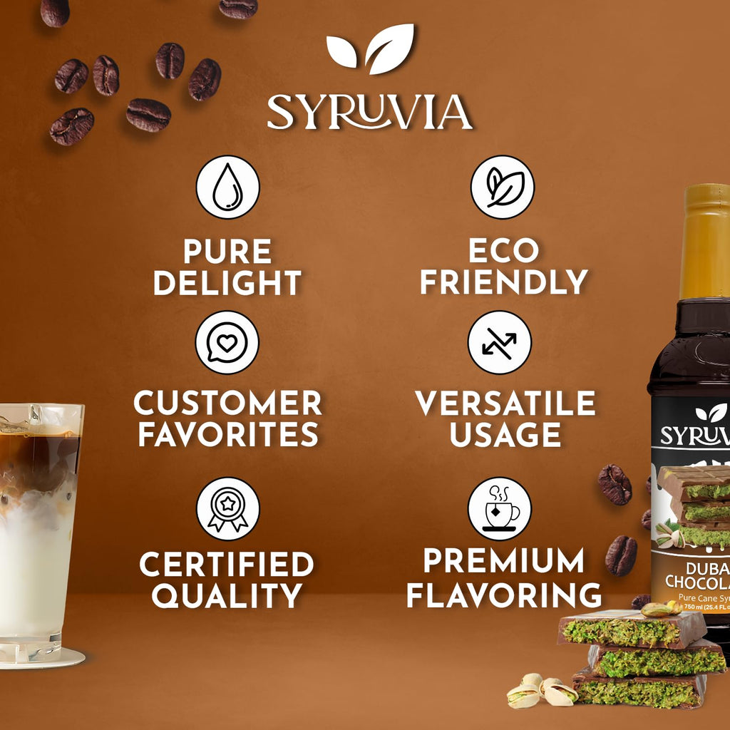 Syruvia Dubai Chocolate Coffee Syrup - 25.4 fl oz - Kosher Syrups, Gluten Free, No Coloring, Perfect for Drinks, Soda, Shakes, Desserts, and More.