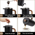 Rorence 34oz French Press Coffee Maker, Coffee Press with Real Wood Handle & Plunger Head, Double Wall Insulation & Dual-Filter Screen, incl. replaced filters & instructions, Black