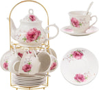 20-Pieces Tea Set For Adult with Golden Metal Rack,Porcelain Tea Sets For Women,Tea Gift Sets for Home&Party(015)