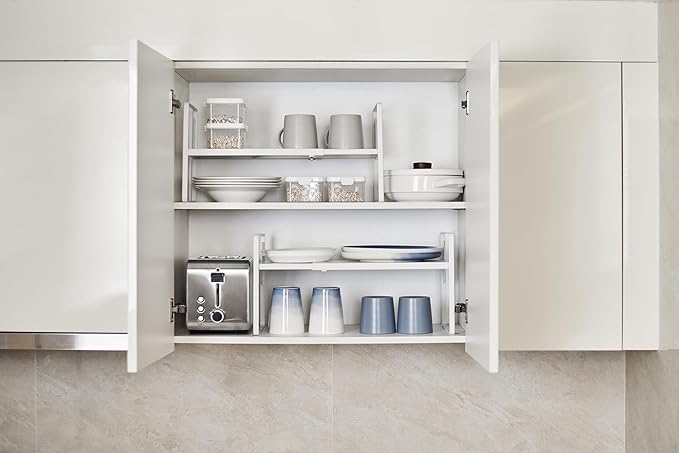 Nxconsu Cabinet Shelf Expandable Height Adjustable Shelf Organizer Riser for Kitchen Cabinet Pantry Cupboard Under Sink Countertop Organization Storage Space Saver Stackable Heavy Duty Metal White XL