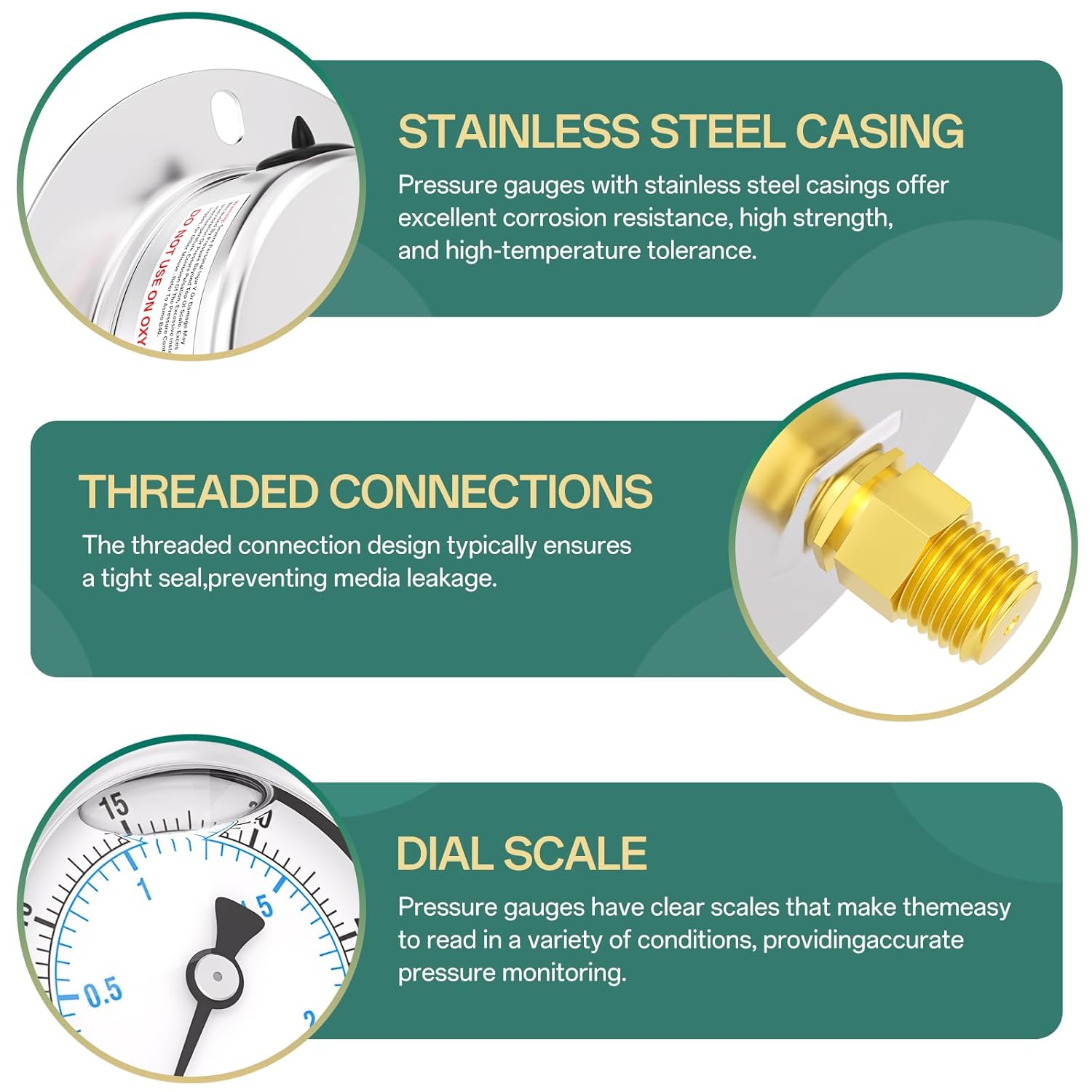 0-30PSI Panel Mount Front Flanged Glycerin Filled Pressure Gauge, 2.5" Dial Size, 1/4" MNPT Back Mount, Stainless Steel Case, with Phillips Screw and Nut, for Water, Gas, Liquid Pressure