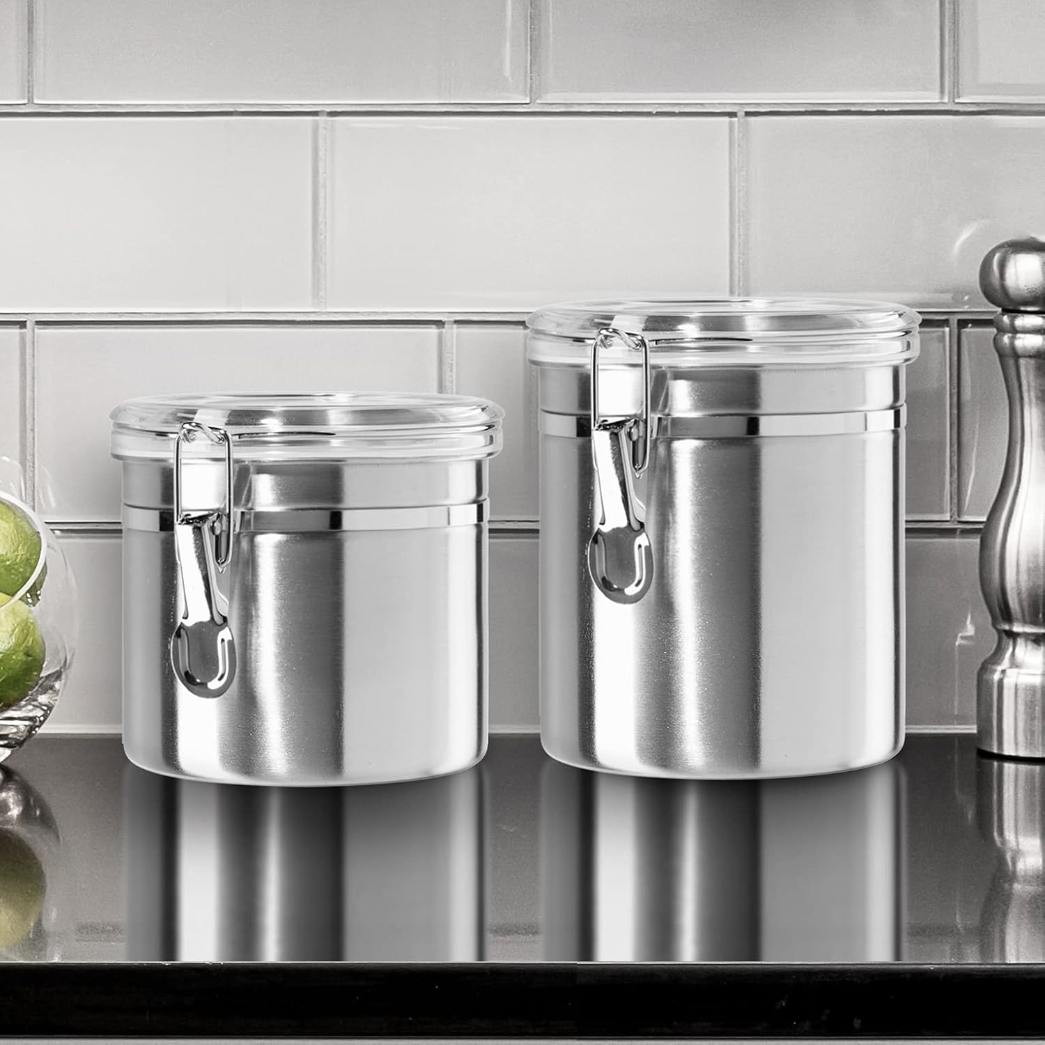 OGGI Stainless Steel Kitchen Canister 26 fl oz - Airtight Clamp Lid, Clear See-Thru Top - Ideal for Kitchen Storage, Food Storage, Pantry Storage. Size 5" x 3.5".
