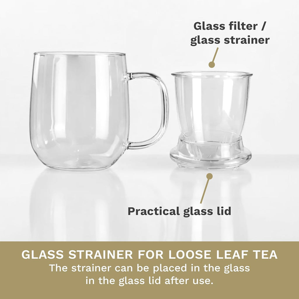 Creano Tea Glass 450 ml – Large Tea Cup with Strainer and Glass Lid – An ideal Tea Maker