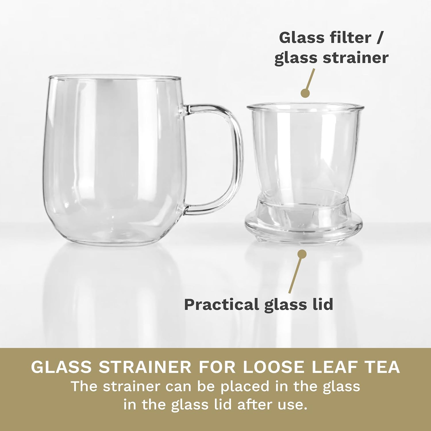 Creano Tea Glass 450 ml – Large Tea Cup with Strainer and Glass Lid – An ideal Tea Maker