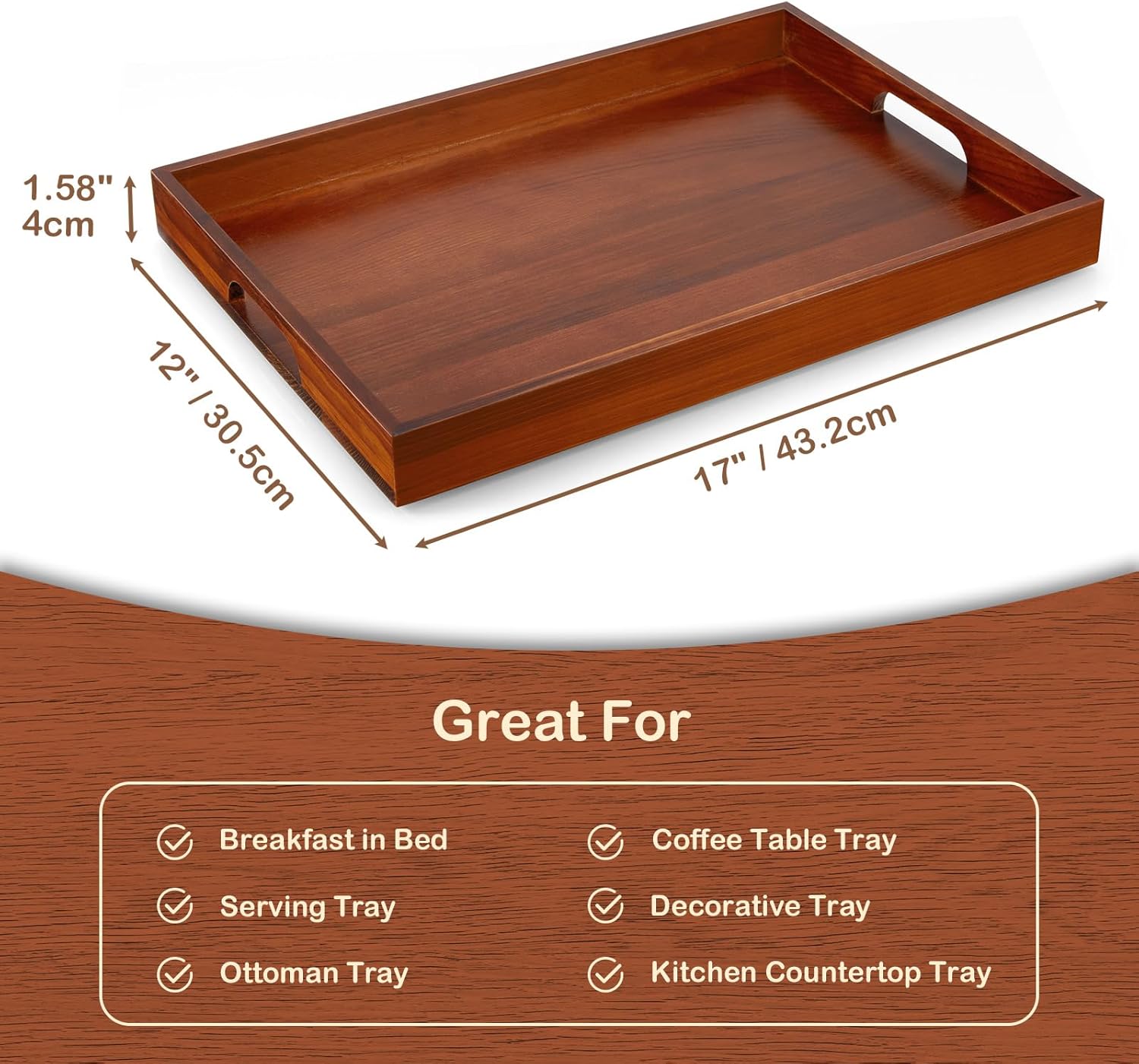 17 Inch Brown Serving Tray with Handles, Large Wooden Tray for Ottoman, Breakfast in Bed, Coffee Table, Dinner, Rectangular Wood Tray for Living Room Bedroom Entryway and Kitchen