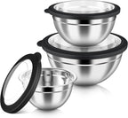 HaWare Mixing Bowls with Airtight Clear Lids, 6-Piece Stainless Steel Strong Nesting Bowls Set, Metal Salad Bowl for Cooking, Prepping, Baking, Serving & Food Storage, Size 4.6, 3, 1.5QT, Black