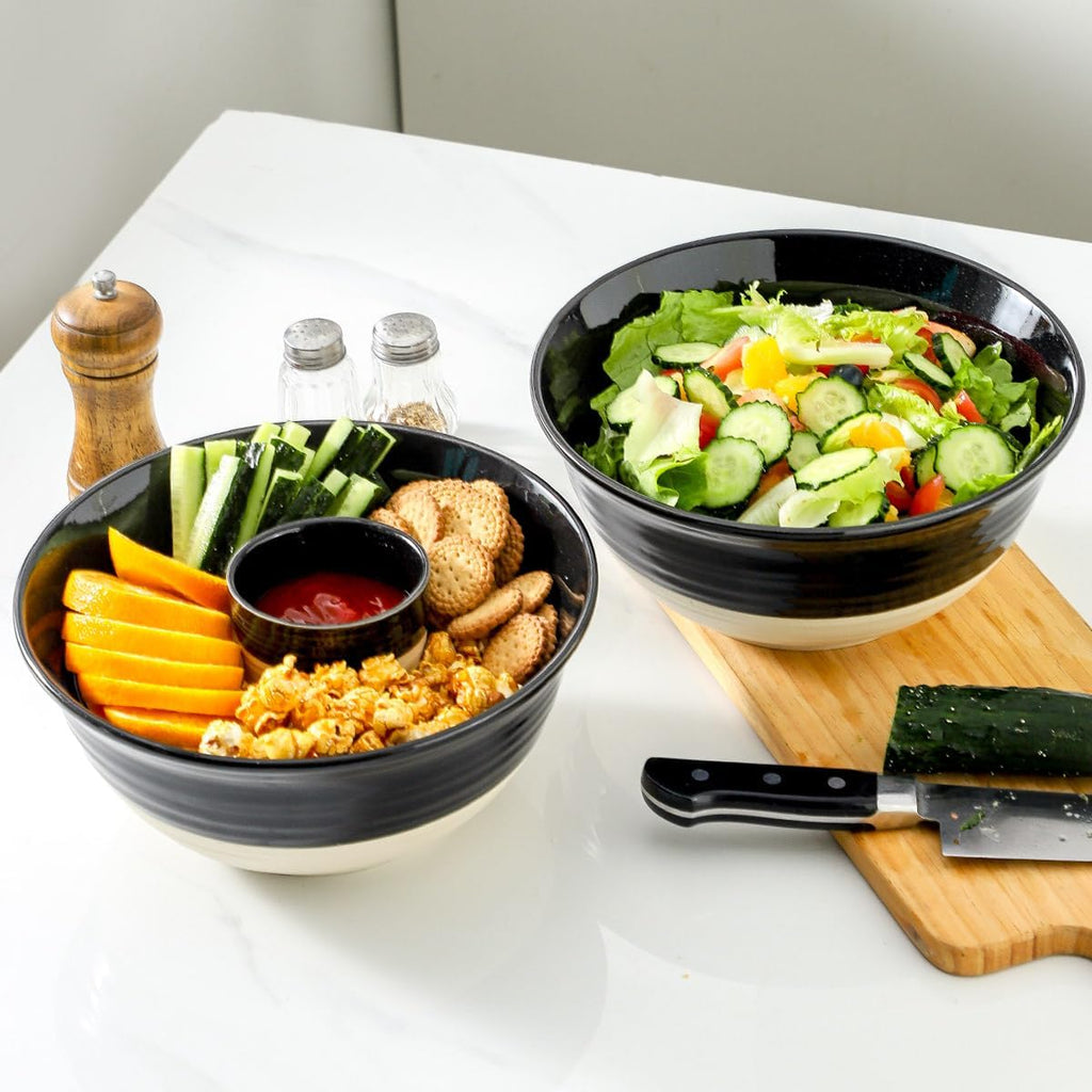 Hasense Ceramic Serving Bowls Set of 2, 9 Inch Large Salad Bowls for Kitchen, 84 Ounce Mixing Bowl Set for Cooking, Baking, Side Dishes, Soup, Popcorn, Dishwasher and Microwave Safe, Black