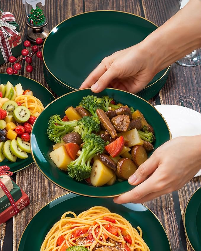 PULOTE 200PCS Green Plastic Plates - Heavy Duty Green Disposable Include 100 Each (10 inch Dinner & 7 inch Dessert) Plates for Christmas Party