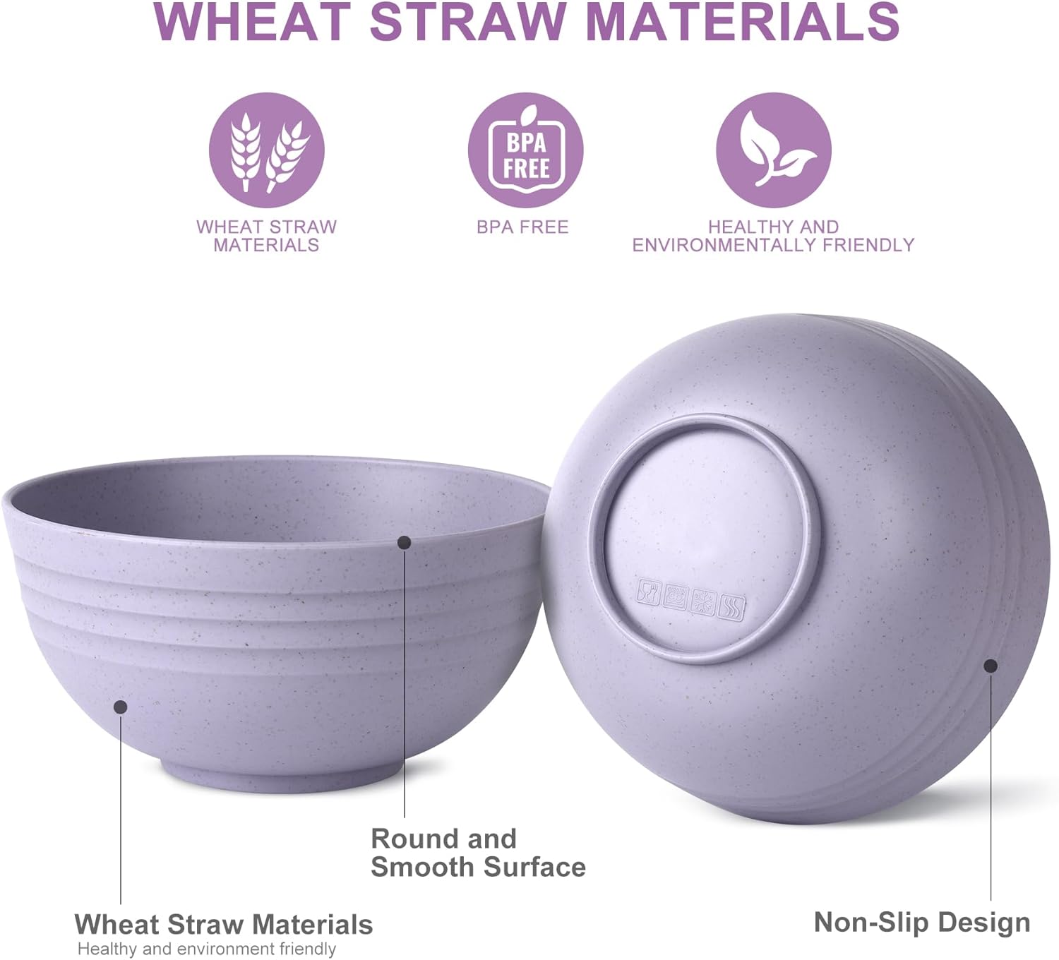 HOTEC BPA Free Unbreakable Wheat Straw Cereal Bowls - Microwave & Dishwasher Safe Soup and Salad Bowls, Set of 8, 26oz, Purple