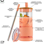 Pandaloo® Glass Cups With Lids and Straws -20 Fl Oz- Perfect Size Iced Coffee Cup - Smoothie Cup With Bamboo Lid and On the go Lid (Peach Fuzz, 1 Count (Pack of 1)