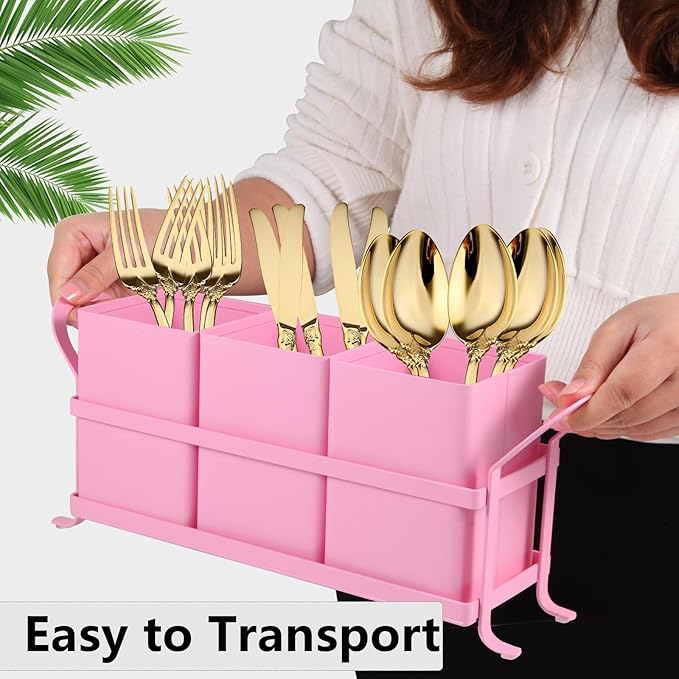 Metal Silverware Caddy,3 Compartment Utensil Holder With Metal Rack,Utensil Caddy Flatware Cutlery Organizer for Countertop Party Picnic Camping Outdoor Pink
