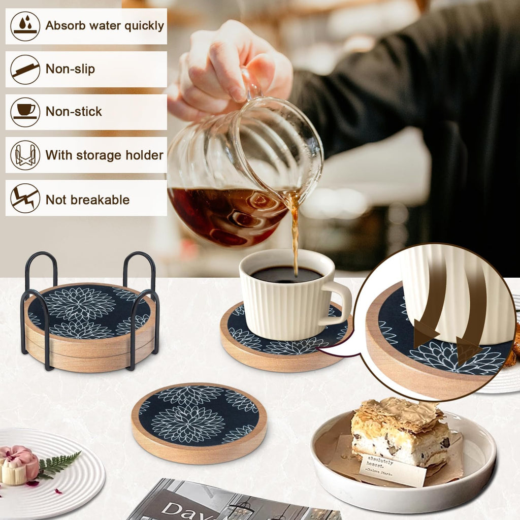 Wood Coasters Set of 4 with Holder, Cewiru Cup Mat for Drinks, Absorbent Coasters with Felt Insert for Coffee Table Protection, Modern Style Home Dining Table Decor, 4.3" Black