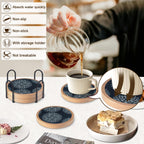 Wood Coasters Set of 4 with Holder, Cewiru Cup Mat for Drinks, Absorbent Coasters with Felt Insert for Coffee Table Protection, Modern Style Home Dining Table Decor, 4.3" Black