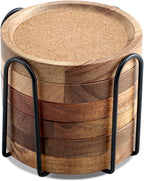 Coasters for Drinks Absorbent with Holder, Acacia Wood Cork Coaster for Coffee Table Wooden Table Coaster for Farmhouse Desk Extra Large Coasters, Set of 6