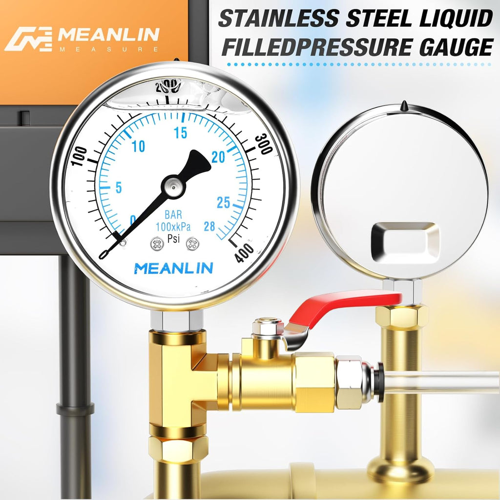 MEANLIN MEASURE 0~400Psi Liquid Filled Pressure Gauge Stainless Steel with 316 Stainless Steel Joint 1/4" NPT 2.5" FACE DIAL for Air Compressor Air Regulator Water Filter Lower Mount