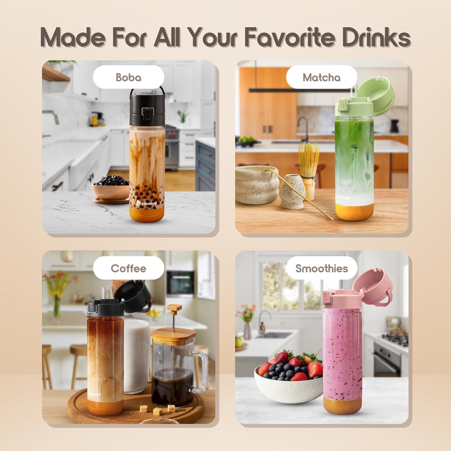 BobaMate® 25 oz Reusable Boba Cup & Tumbler with Lid, Straw, & Handle – Iced Coffee, Smoothie, Iced Matcha Cup – Spill-Proof, Shatter-Resistant, BPA-Free – Honeydew