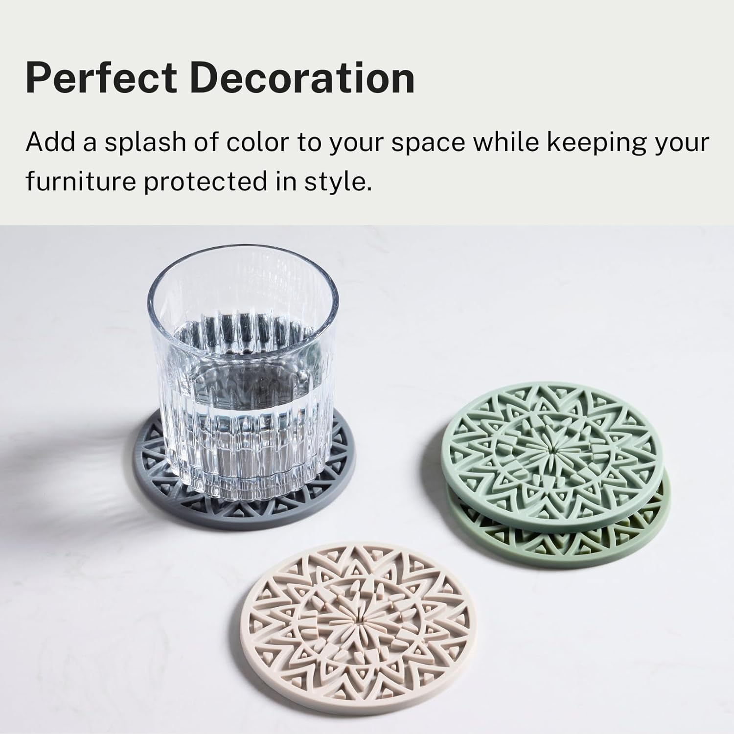 Set of 6 Sage Green Silicone Coasters with Holder, Drink Coasters with Tribal Pattern Shape- for Table Protection, Anti Slip, Nonstick, Heat Resistant, Deep Tray