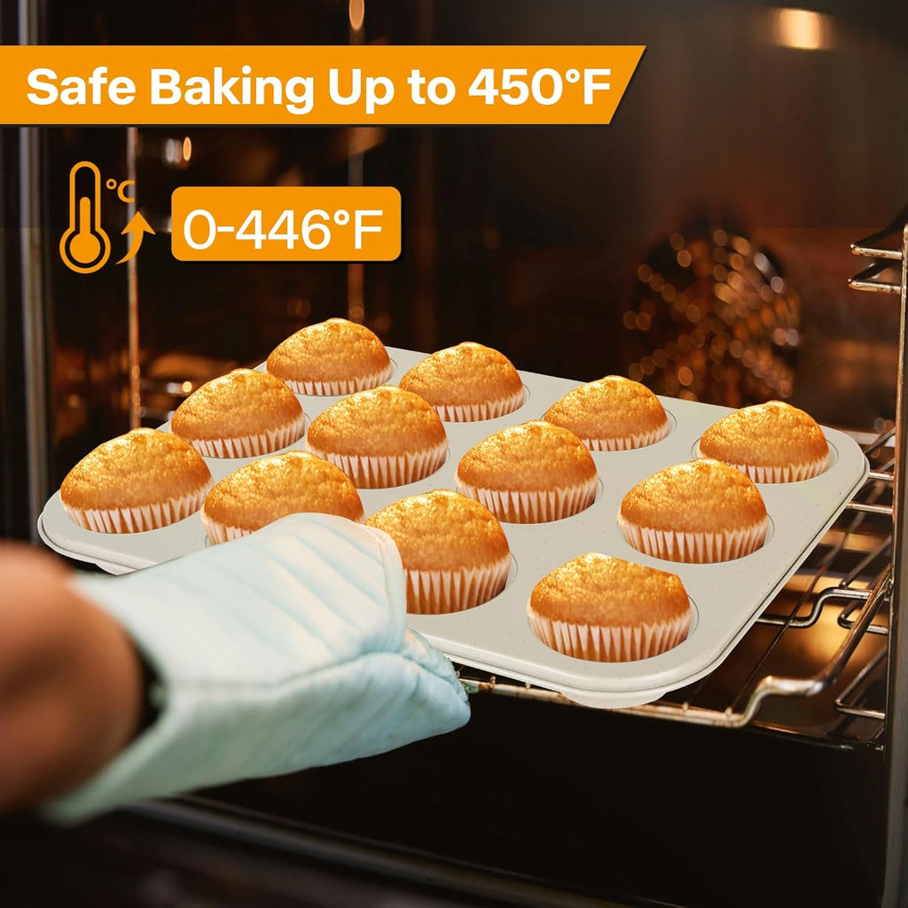 2-Pack Healthy Baking Cupcake Pan| Non Stick 12-Cup Muffin Pan | Durable & Easy Clean Muffin Tin | Perfect for Cupcakes, Muffins (Beige)
