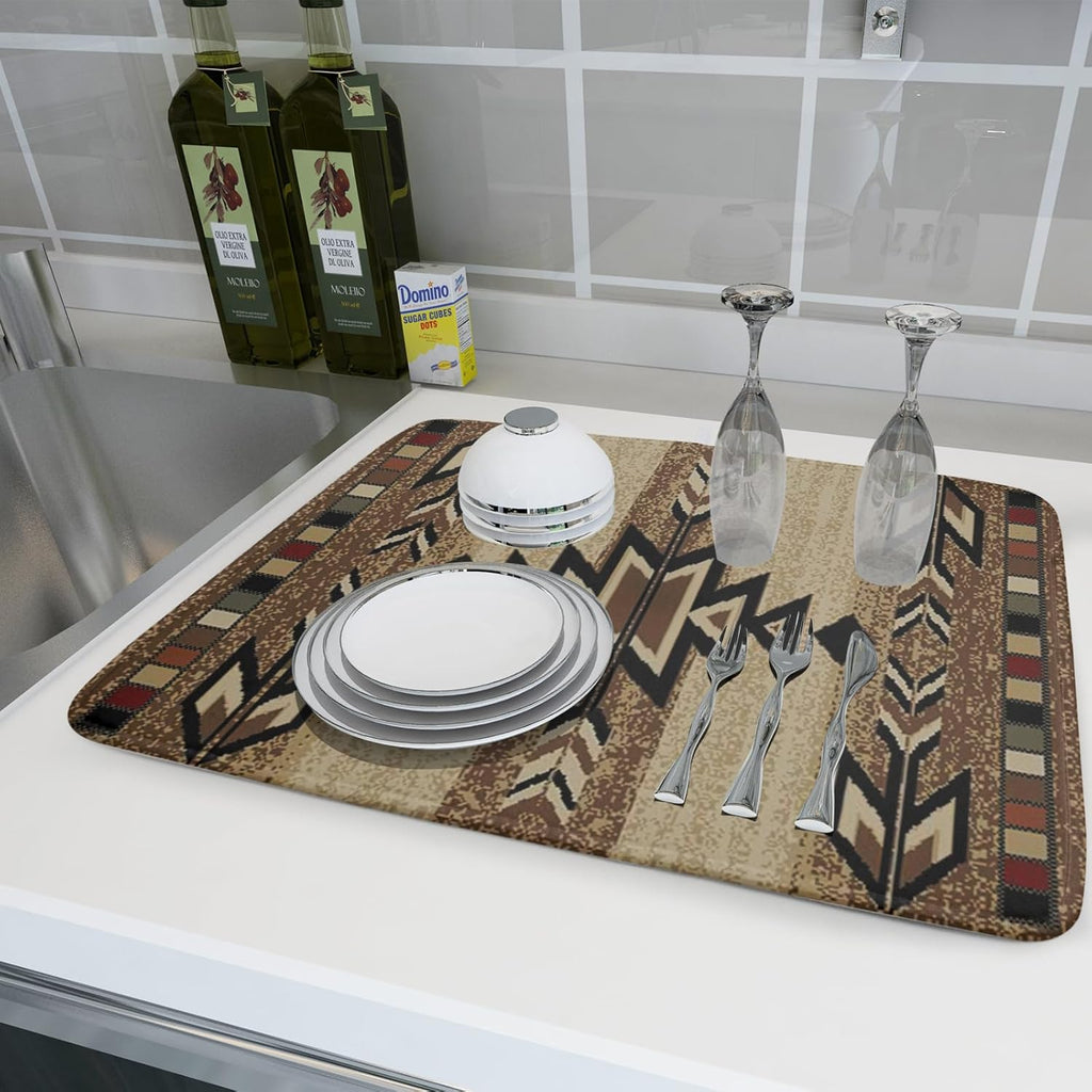 Giwawa 18"x24" Southwestern Dish Drying Mat Rustic Brown Tribal Ethnic Large Dish Drainer Mats Antique Native American Absorbent Microfiber Dish Drying Pad for Kitchen Countertop Decor