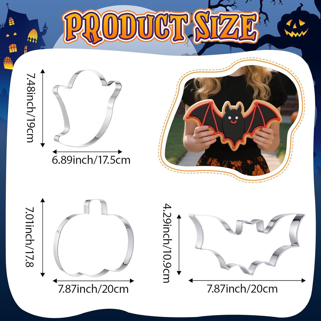 3 Pcs Large Halloween Cookie Cutters Set 7.5 Inch Extra Large Pumpkin Bat Ghost Shapes Stainless Steel Metal Giant Cookie Cutters Molds for Halloween Day Baking Party Kitchen Accessories